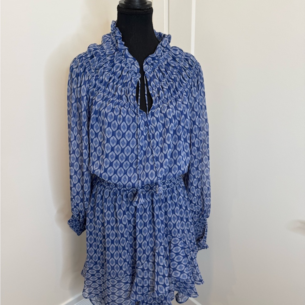 Misa Los Angeles Blue Printed Ruffle-Smock Dress